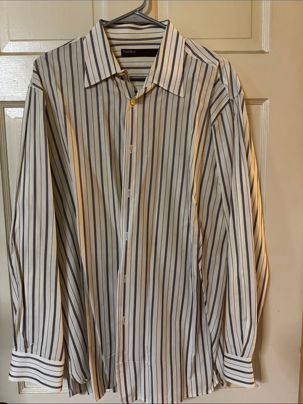 Perry Ellis White Dress Shirt with Black and Gray Stripes